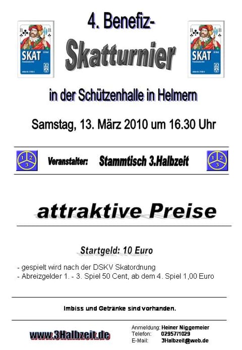 Plakat: 4. Benefiz-Skatturnier in der Schützenhalle in Helmern, Samstag, 13. März 2010 um 16.30 Uhr